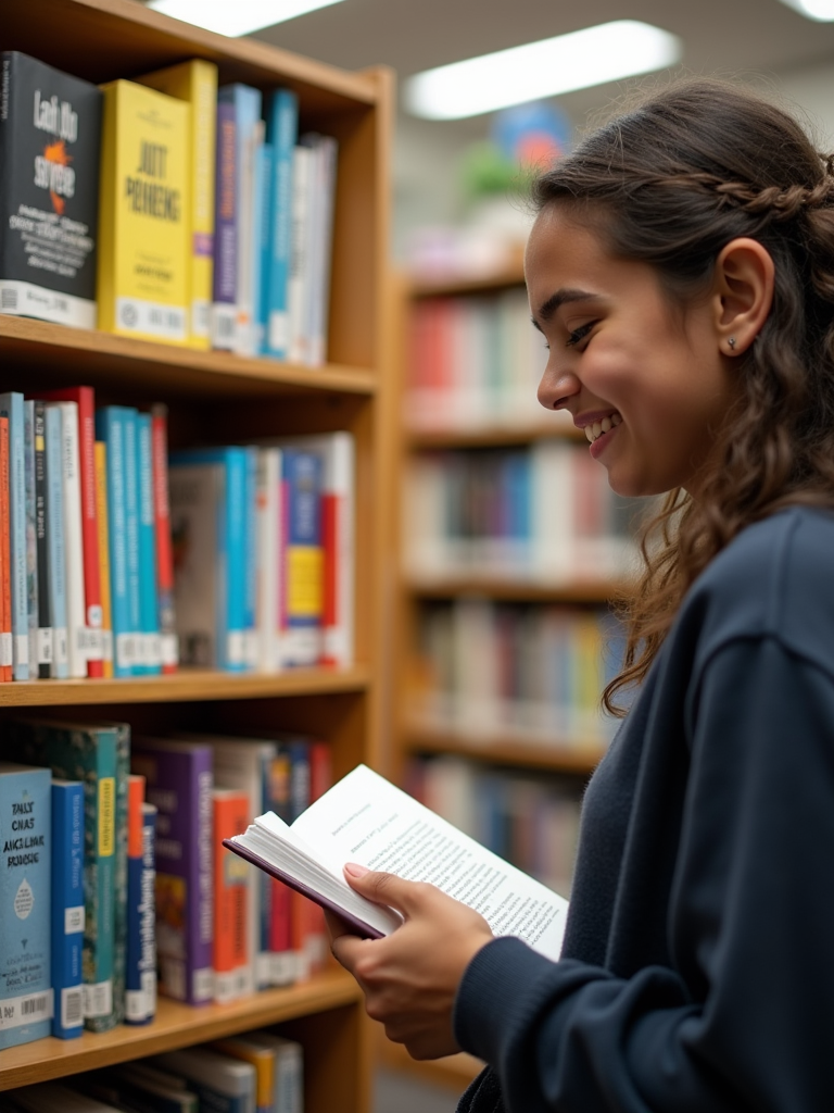 A library scene with books on inclusivity, LGBTQ+ history, and self-help prominently displayed, a young person smiling as they pick up a book.