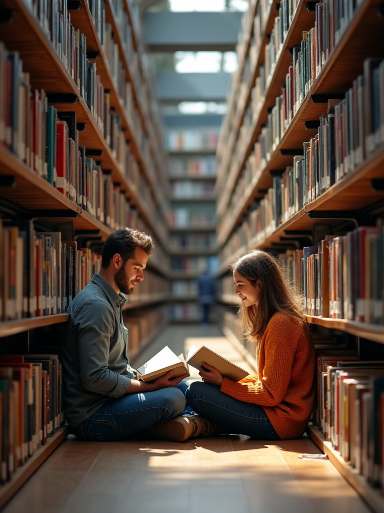 A couple sitting together on the floor of a library, surrounded by shelves of books, smiling and immersed in their reading.