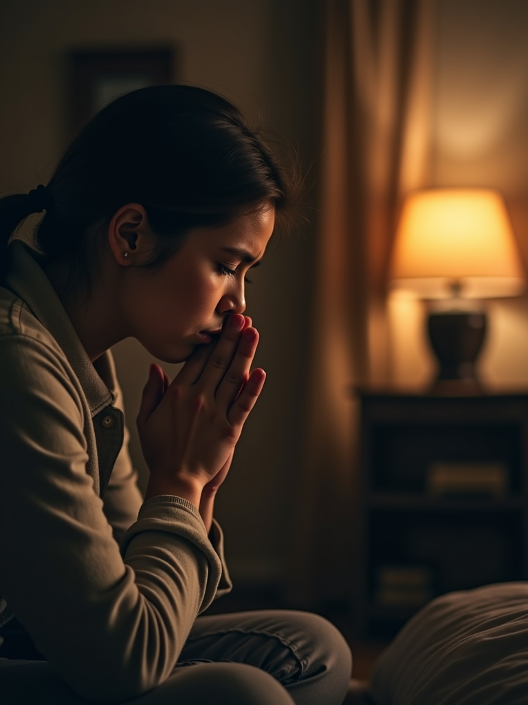 A person praying alone in a dimly lit room, with a look of sadness and longing on their face, while their partner is absent