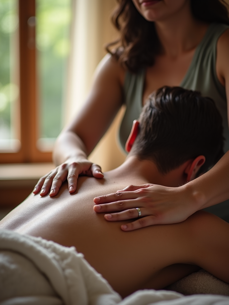 A cozy indoor scene where one partner is gently massaging the other's shoulders while softly speaking affirmations, emphasizing relaxation and affection.