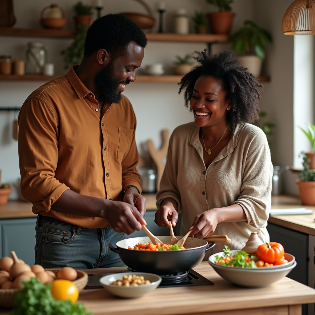 A modern African home where the man is helping the woman cook a traditional meal, their teamwork reflected in their laughter and comfortable dynamic.