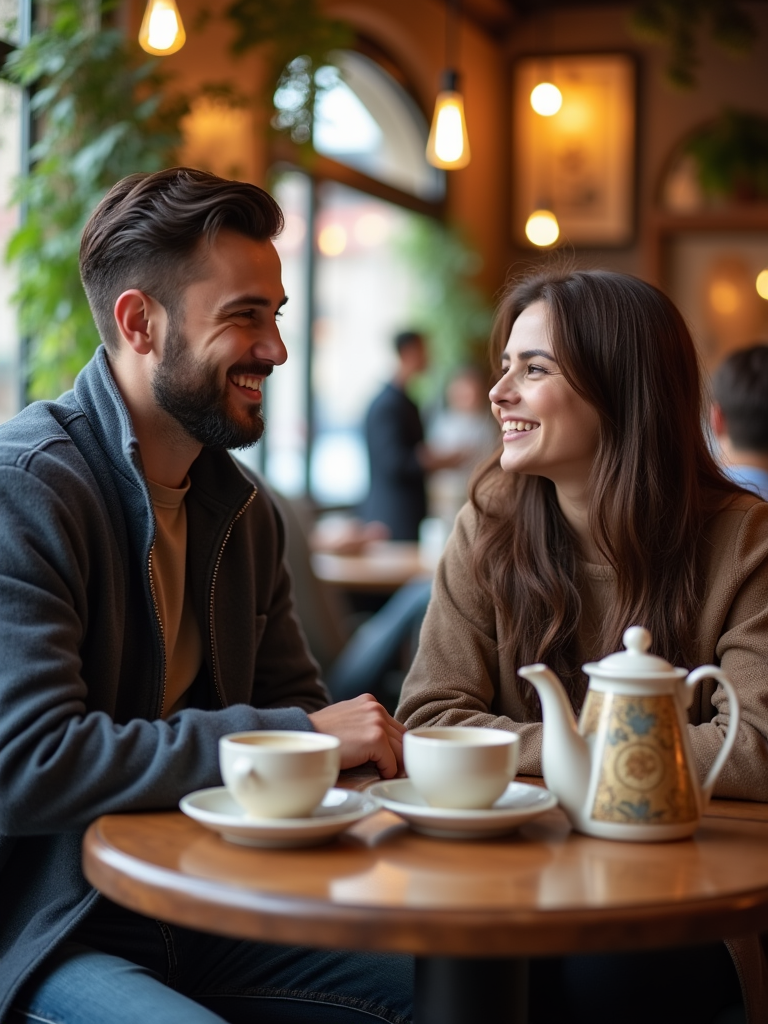 A modern Persian couple engaging in lively conversation at a bustling cafe, blending traditional tea service with contemporary decor. The man shows interest by leaning forward and listening intently.