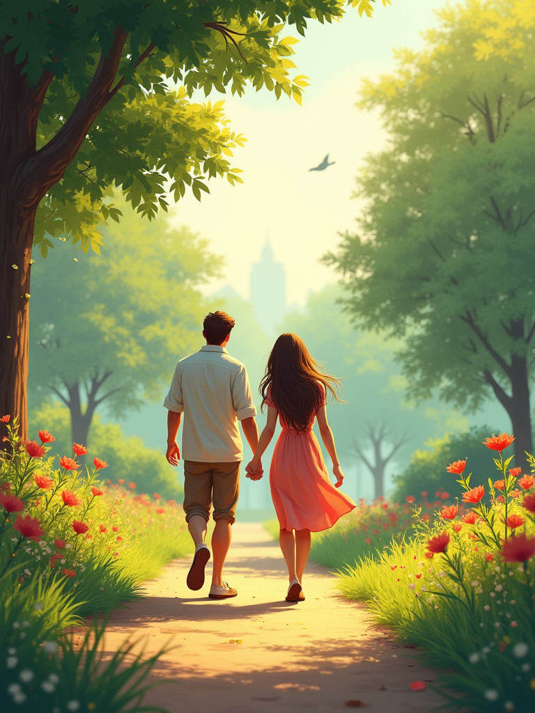 A peaceful and serene outdoor setting, with a couple taking a romantic stroll together, surrounded by lush greenery, vibrant flowers, and a few birds singing in the distance, representing a perfect opportunity for connection, relaxation, and love