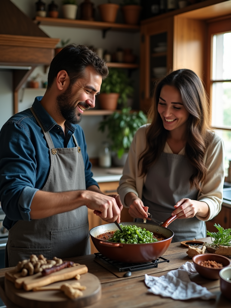 A cozy home setting where a Persian man is teaching his partner how to cook ghormeh sabzi, both of them smiling and enjoying the process amidst traditional kitchenware and aromatic spices.