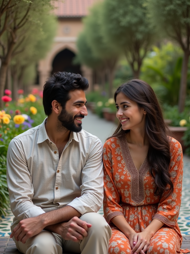 A Persian couple sitting together, with the man respectfully leaning slightly forward, maintaining attentive eye contact, and offering a warm smile. The woman looks intrigued and comfortable. They are surrounded by a lush Persian garden with intricate tile patterns and colorful flowers.