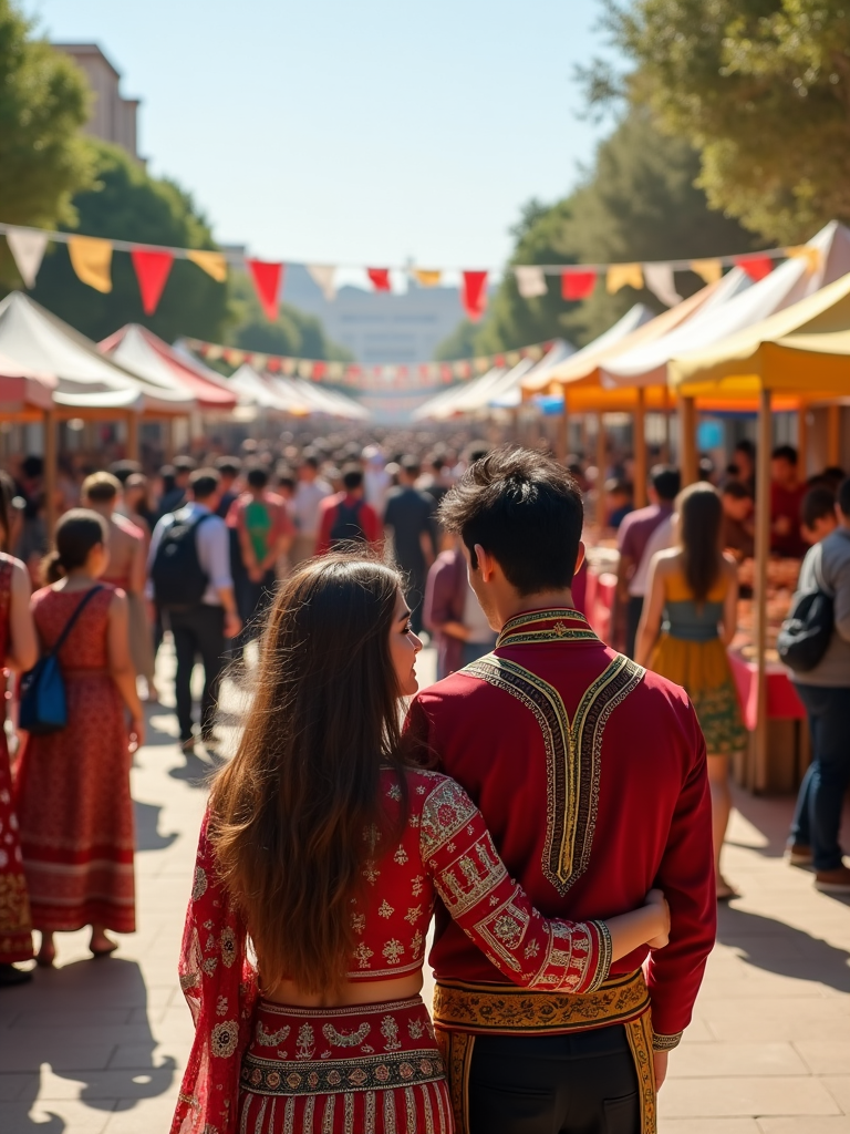 A vibrant scene of a Persian cultural festival where the couple enjoys traditional dances, music, and food stalls together, capturing the essence of community and shared cultural experiences.