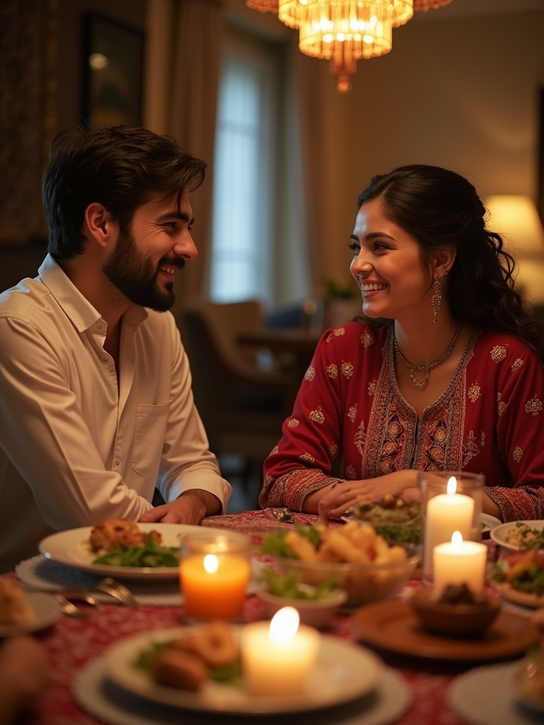 A Persian man introducing his significant other to his sister at a small family gathering, where they share stories and laughter over a beautifully set table filled with traditional Persian dishes.