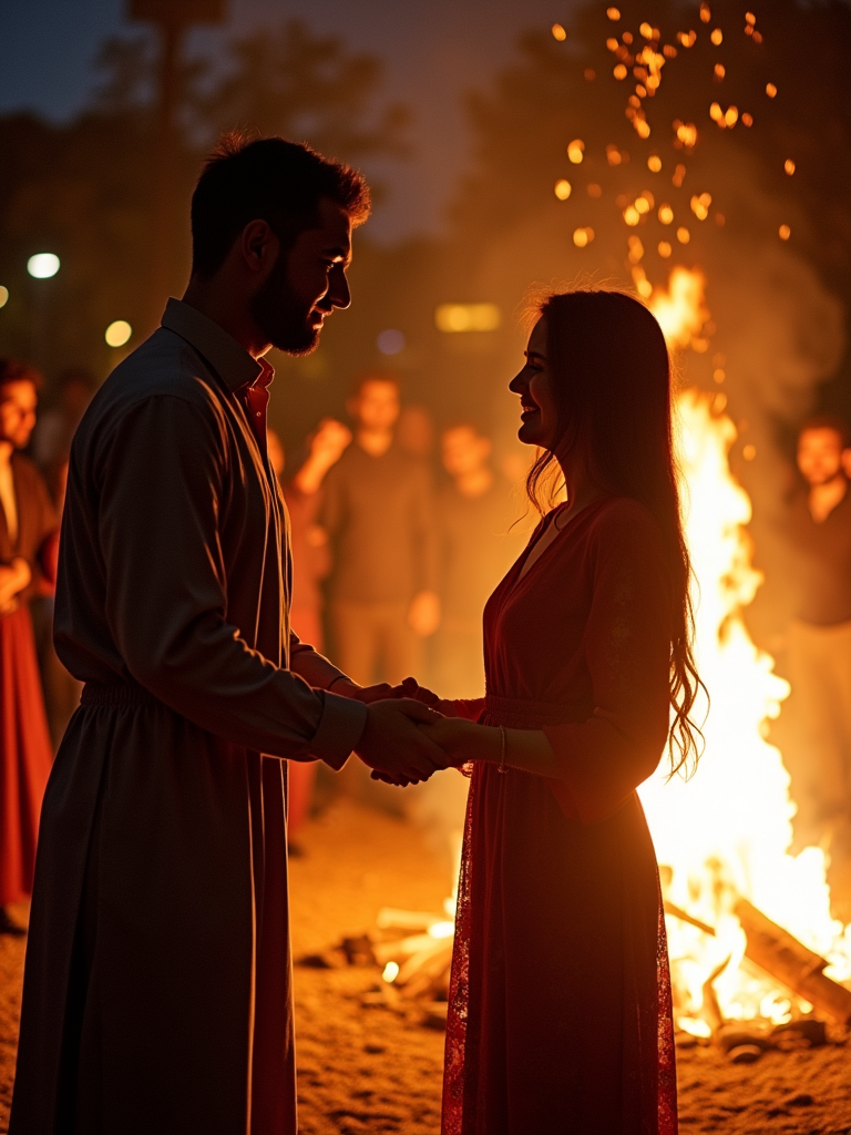 A cultural celebration scene where a Persian man invites his partner to participate in Chaharshanbe Suri fire-jumping traditions, both laughing and holding hands, illuminated by the warm glow of the fire.