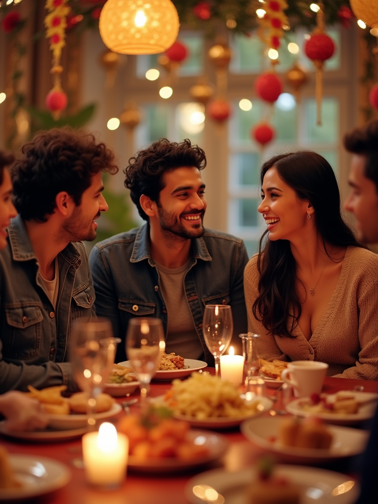 A group of Persian friends laughing and enjoying themselves at a festive gathering, with vibrant Nowruz decorations and a haft-seen table prominently displayed. The focus is on a young couple exchanging meaningful glances.