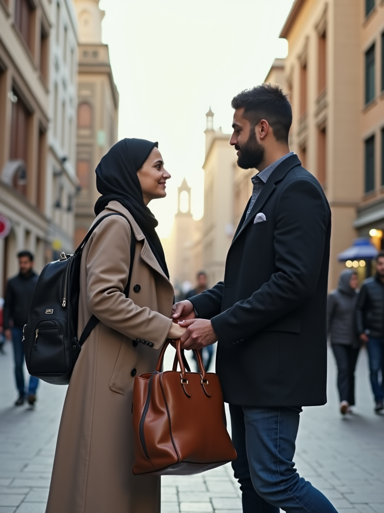 A young Persian man subtly helping a woman by carrying her bag, showcasing small gestures of care in a busy urban setting with both modern and traditional Persian architectural elements in the background.