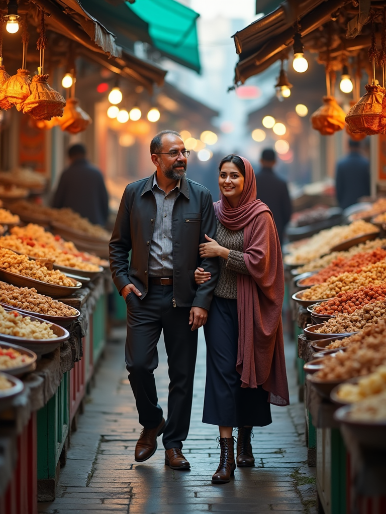 A Persian man and woman walking through a lively market, where he points out traditional snacks and offers explanations about their cultural significance, amidst colorful stalls and bustling vendors. 