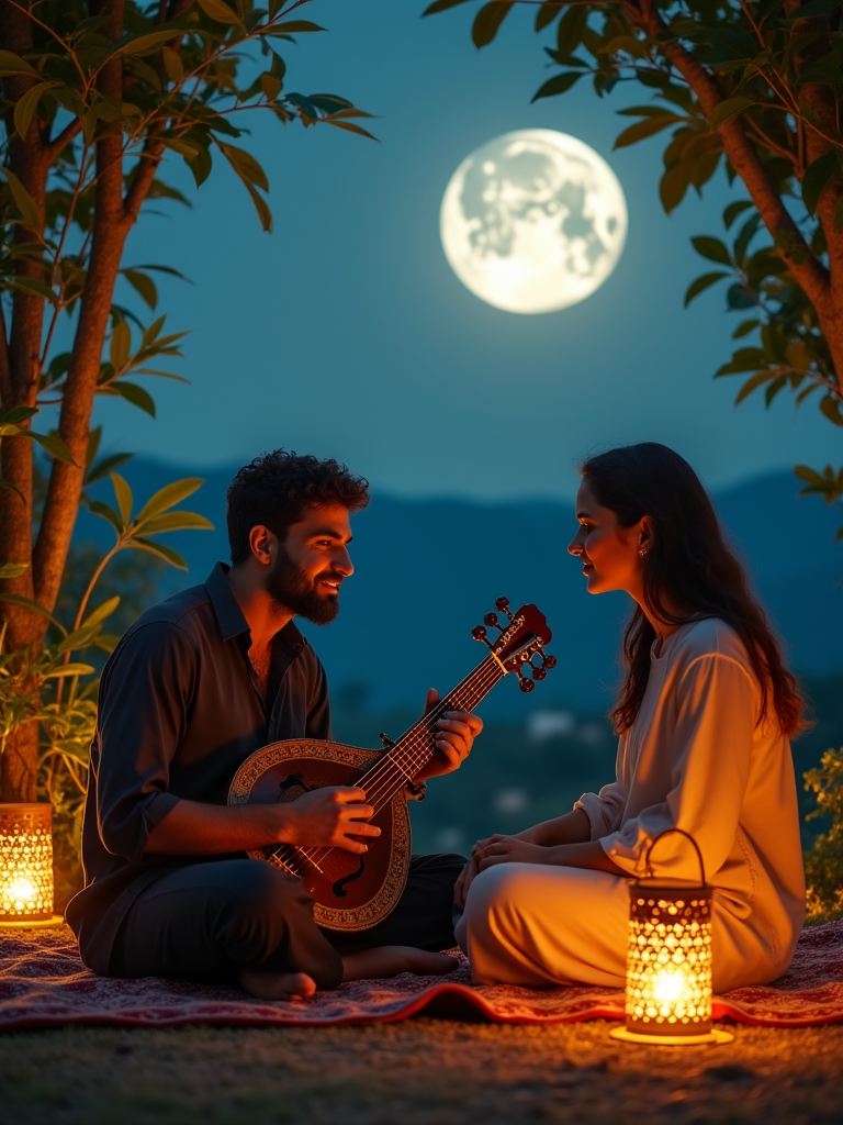 A Persian man playing traditional music on a tar instrument for his partner during a moonlit evening in a picturesque garden, surrounded by lanterns and lush greenery, expressing deep affection through melody.