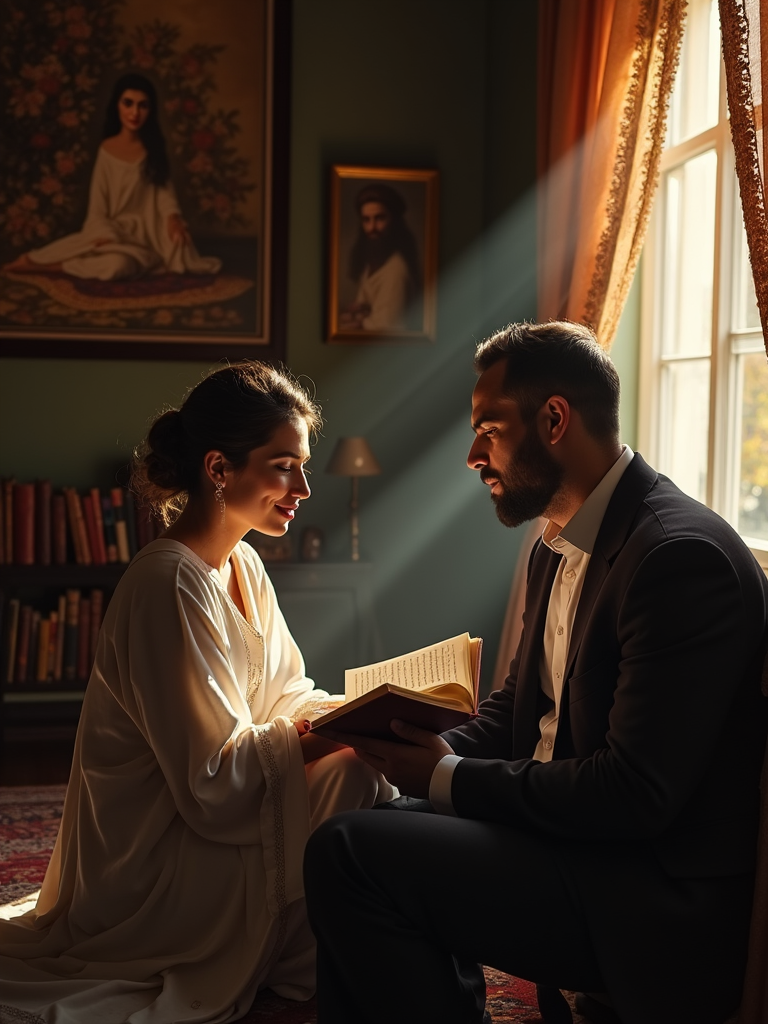 A serene moment where a Persian man reads a Rumi poem to his beloved in a quiet, dimly lit room, surrounded by books and Persian artwork, capturing the depth of cultural romance.