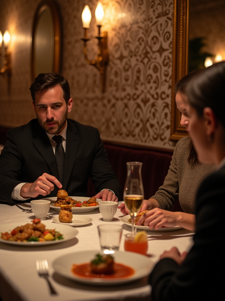 An intimate dinner date at a Persian restaurant, with the man confidently ordering dishes like tahdig and koobideh, explaining their meaning to his companion, surrounded by ornate decor and soft lighting.