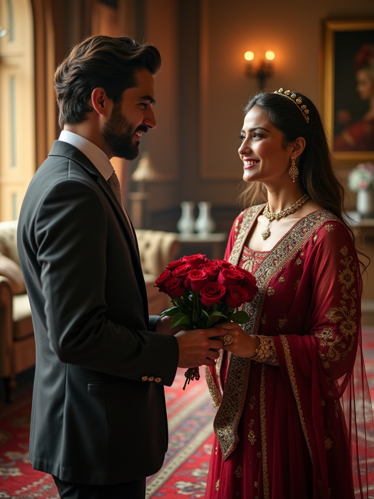 A thoughtful gift exchange scene with a Persian man presenting roses and a book of Hafez poetry to his partner in an elegant setting filled with cultural accents like Persian rugs and vases.