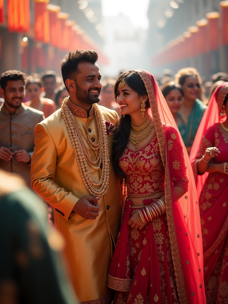 A lively Persian wedding scene with vibrant colors, traditional outfits, and joyful dancing, where a couple is seen sharing a private smile amidst the festivities, symbolizing inclusion and affection.