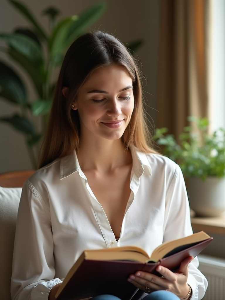 A woman reading a book or journal, with a peaceful and serene atmosphere, emphasizing the importance of personal growth and self-care