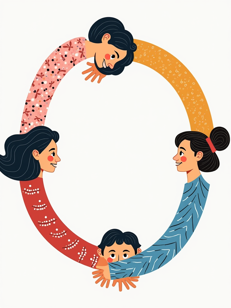 A creative depiction of positive reinforcement in relationships, showing a cycle of giving and receiving compliments through intertwined symbols and patterns.