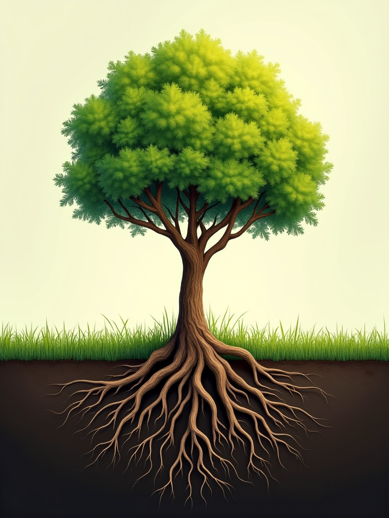 A visual metaphor of a tree growing from emotional roots, symbolizing how praise nurtures and strengthens relationships over time.