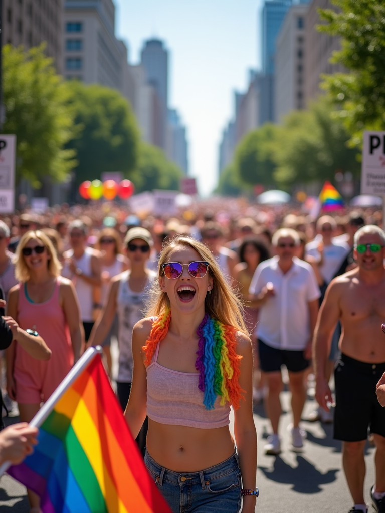 A vibrant Pride parade scene with people of all ages and backgrounds celebrating, holding flags, signs, and balloons, exuding joy and solidarity.