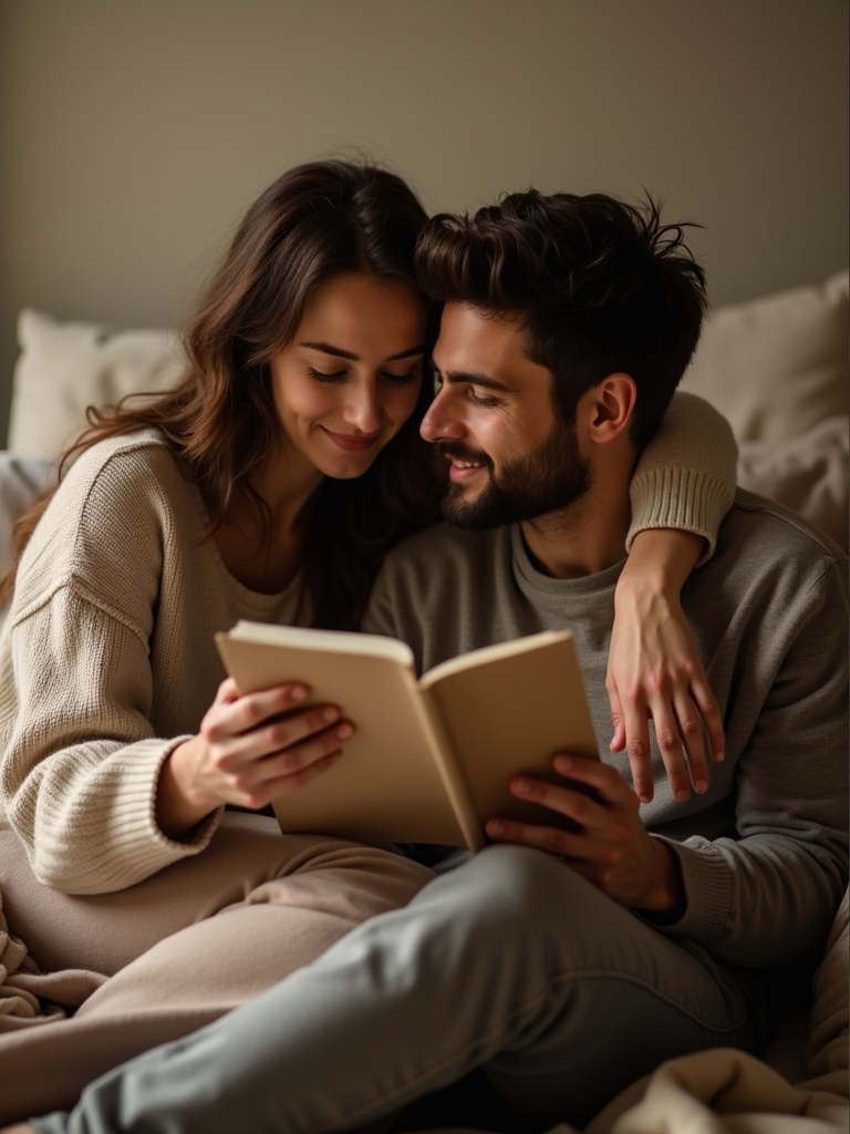 A tranquil setting where one partner is reading aloud affirmations to the other, both enveloped in a warm embrace, illustrating emotional safety and connection.