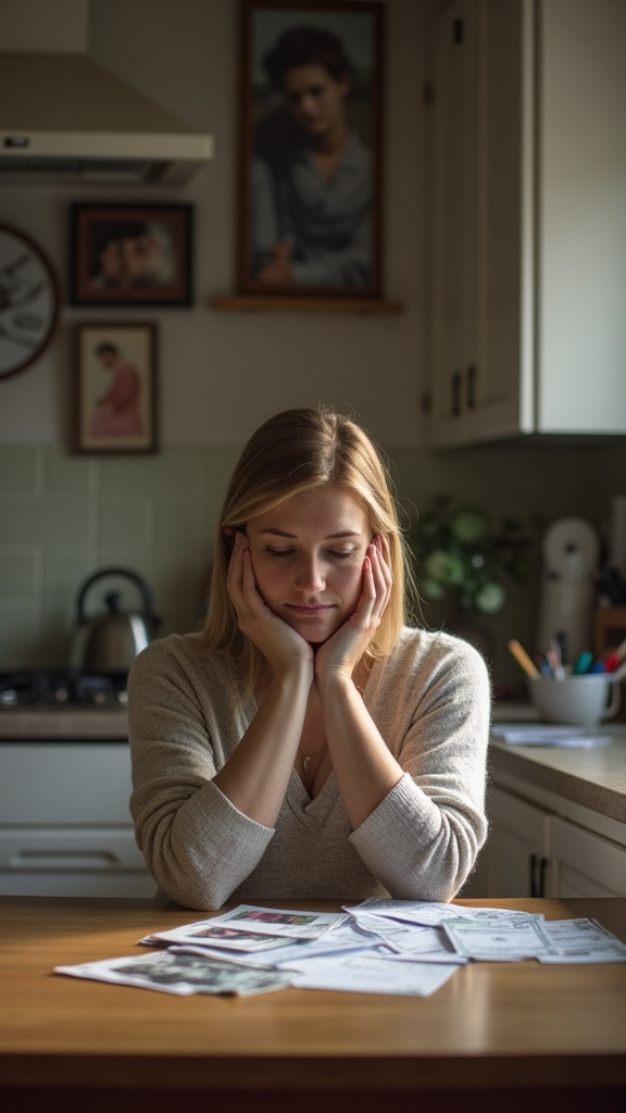 A woman deep in thought at a kitchen table, surrounded by reminders of her past relationship such as wedding photos and financial bills, with her hands clasped together in contemplation under soft kitchen lighting.