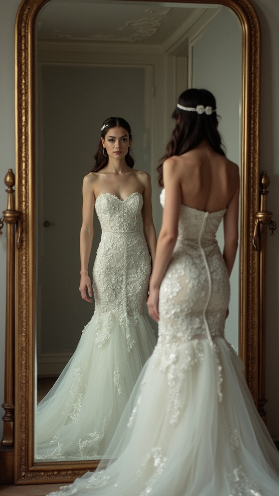 A woman gazing at herself in a mirror, half of her reflection depicting her past life dressed in wedding attire, while the other half shows her present self wearing casual clothes, symbolizing the transition from marriage to separation.