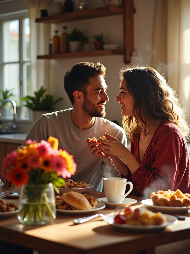 A warm and inviting kitchen scene, where a couple is sharing a romantic breakfast together, with a delicious spread of food, steaming coffee, and a beautiful bouquet of flowers on the table, symbolizing quality time and love