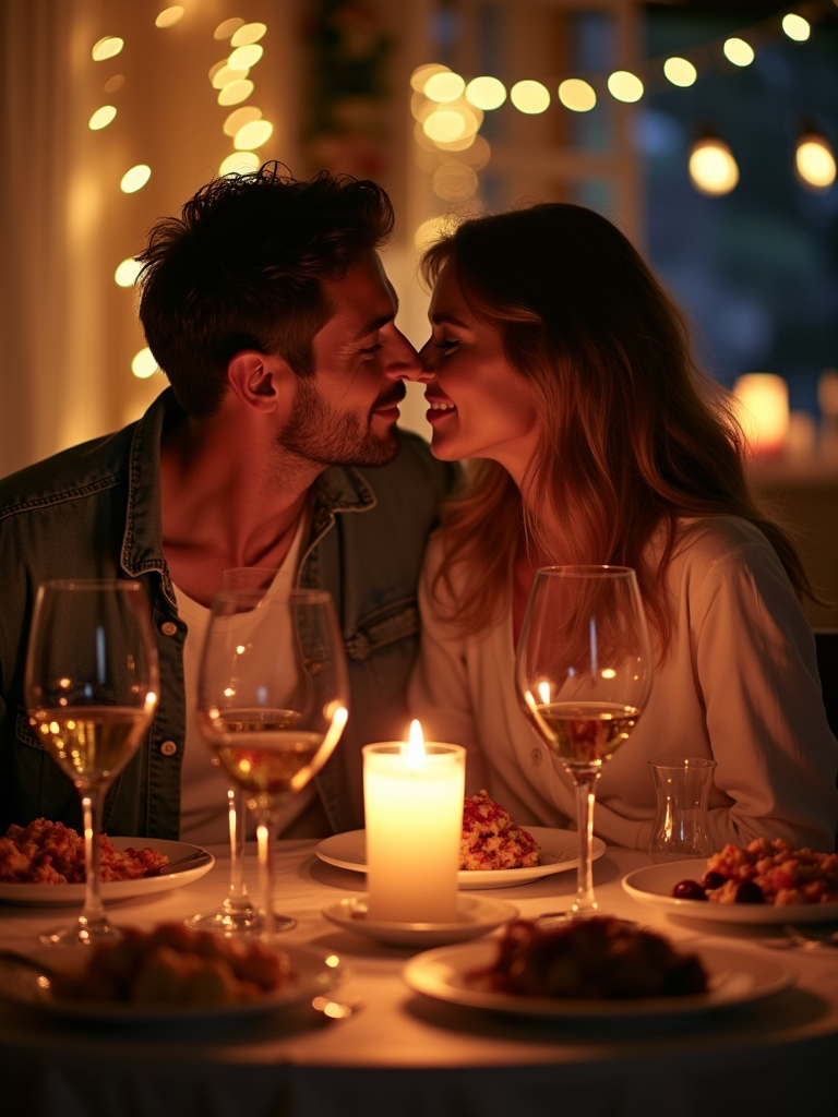 A beautiful and romantic dinner scene, with a couple sharing a candlelit meal together, surrounded by soft music, delicious food, and a few glasses of wine, symbolizing love, intimacy, and quality time