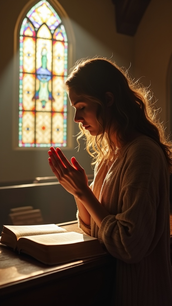 A scene depicting a woman praying in a serene church setting, light streaming through stained glass windows, as she seeks spiritual guidance with an open Bible beside her, emphasizing peace and introspection.