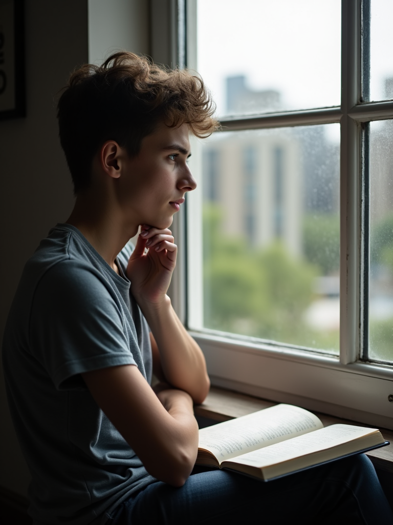 A serene scene of a young person sitting at a window, deep in thought, a journal open in front of them, capturing the complexity of self-reflection on sexual identity.