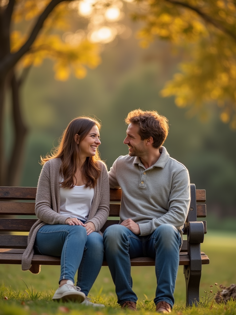 A serene outdoor scene where a couple sits on a bench, one partner expressing admiration verbally, while the other listens with a content smile.