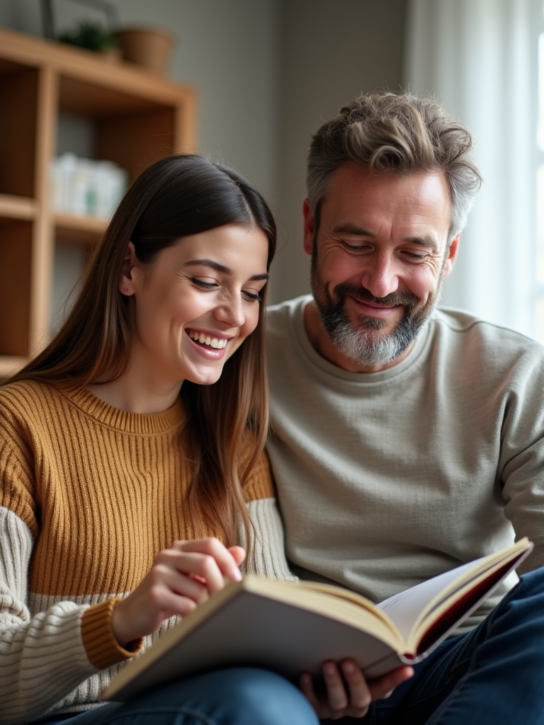 A man and a woman sitting together, looking at a photo album or scrapbook, reminiscing about happy memories and shared experiences