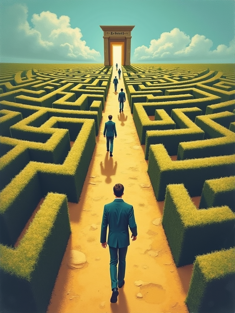 A symbolic depiction of societal expectations as a maze, with individuals navigating through it, some finding open doors labeled with words like "freedom" and "authenticity."