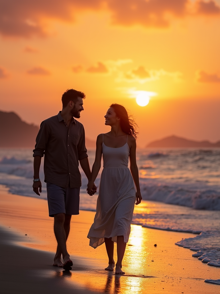 A couple enjoying a sunset walk on the beach, exchanging compliments that enhance their bond, with waves gently lapping at their feet.