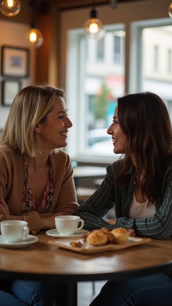 Two women in a coffee shop having an intense yet supportive conversation, one listening intently with empathy while the other speaks animatedly about the challenges of dating post-separation; coffee cups and pastries on the table.