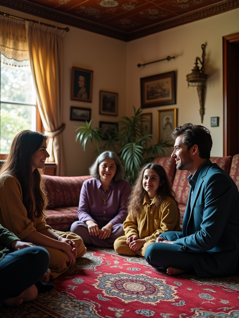 A traditional Persian family setting where a young couple is introduced to each other by older family members. The room is adorned with Persian carpets and ornate decor, reflecting a warm, welcoming atmosphere.