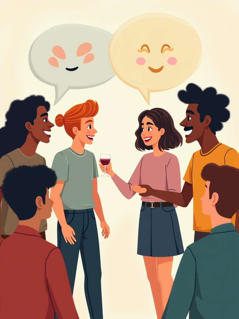 An image depicting a diverse group of people exchanging compliments in various languages, showcasing universal appreciation and connection.