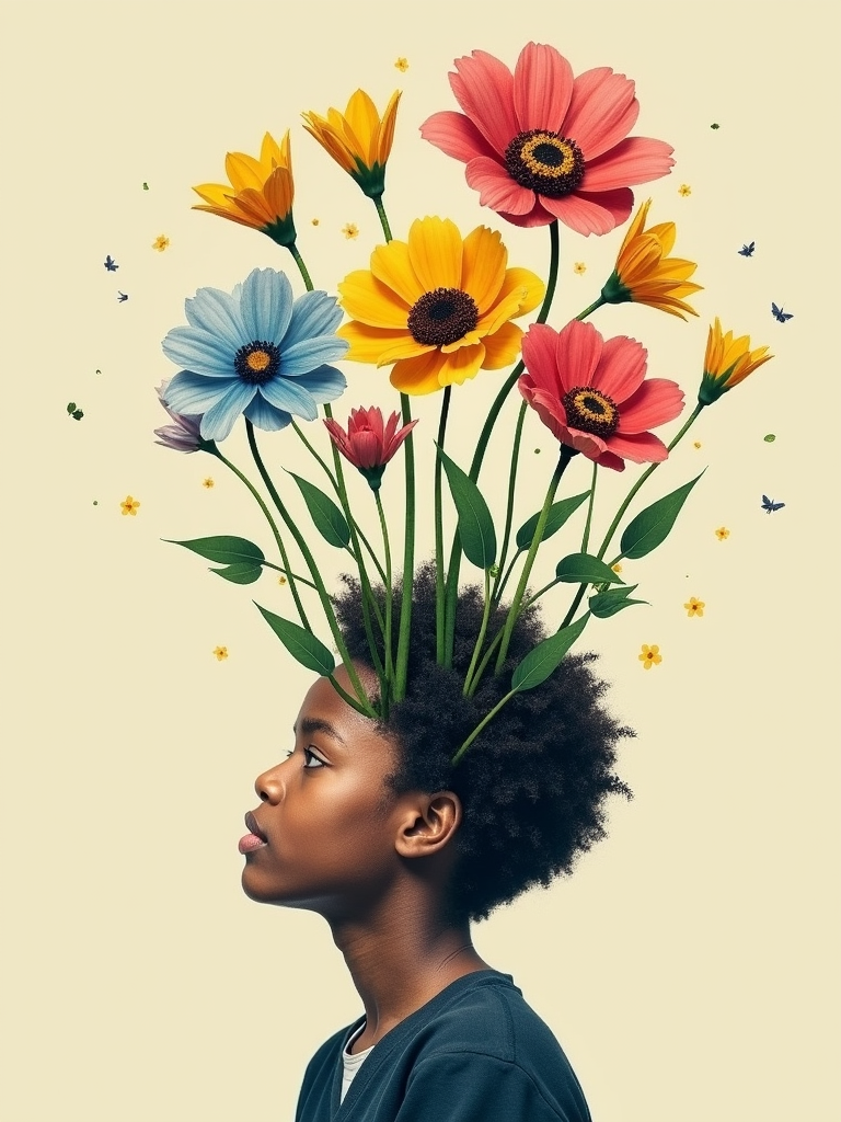 A conceptual image of words transforming into flowers as they leave one person's mouth, representing the beauty and growth that praise can inspire.