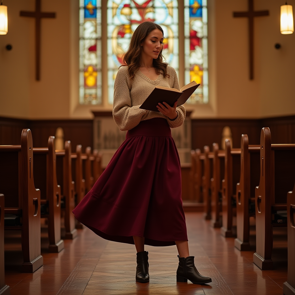 A woman in a deep burgundy midi skirt paired with a soft knit sweater, accessorized with ankle boots, holding a hymnal in a warmly lit autumn church setting.