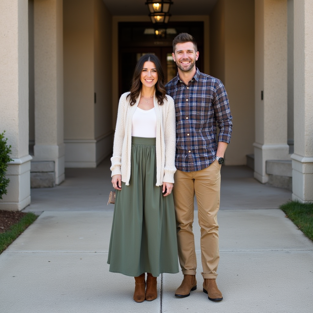 A casual yet polished outfit for church: a woman in a muted green maxi skirt, a cozy white cardigan, and ankle boots, standing beside a man in a plaid button-up shirt and khaki pants, both smiling outside a modern church.