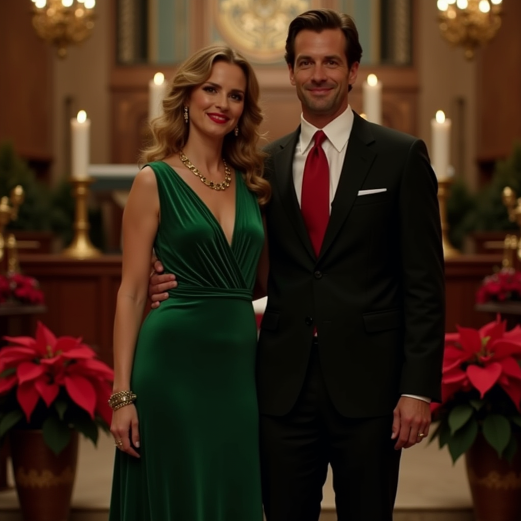 A formal Christmas church service: the woman in an emerald green velvet dress, gold jewelry, and matching heels, standing beside a man in a classic black suit with a festive red tie. The scene is adorned with poinsettias and candlelight.