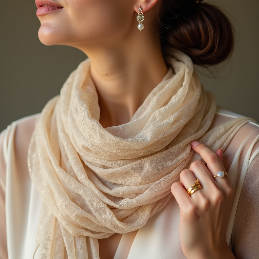 A close-up of a woman’s accessories for church: a lace scarf draped elegantly over her shoulders, small pearl earrings, and a delicate gold bracelet, all paired with a modest yet radiant beige chiffon dress.