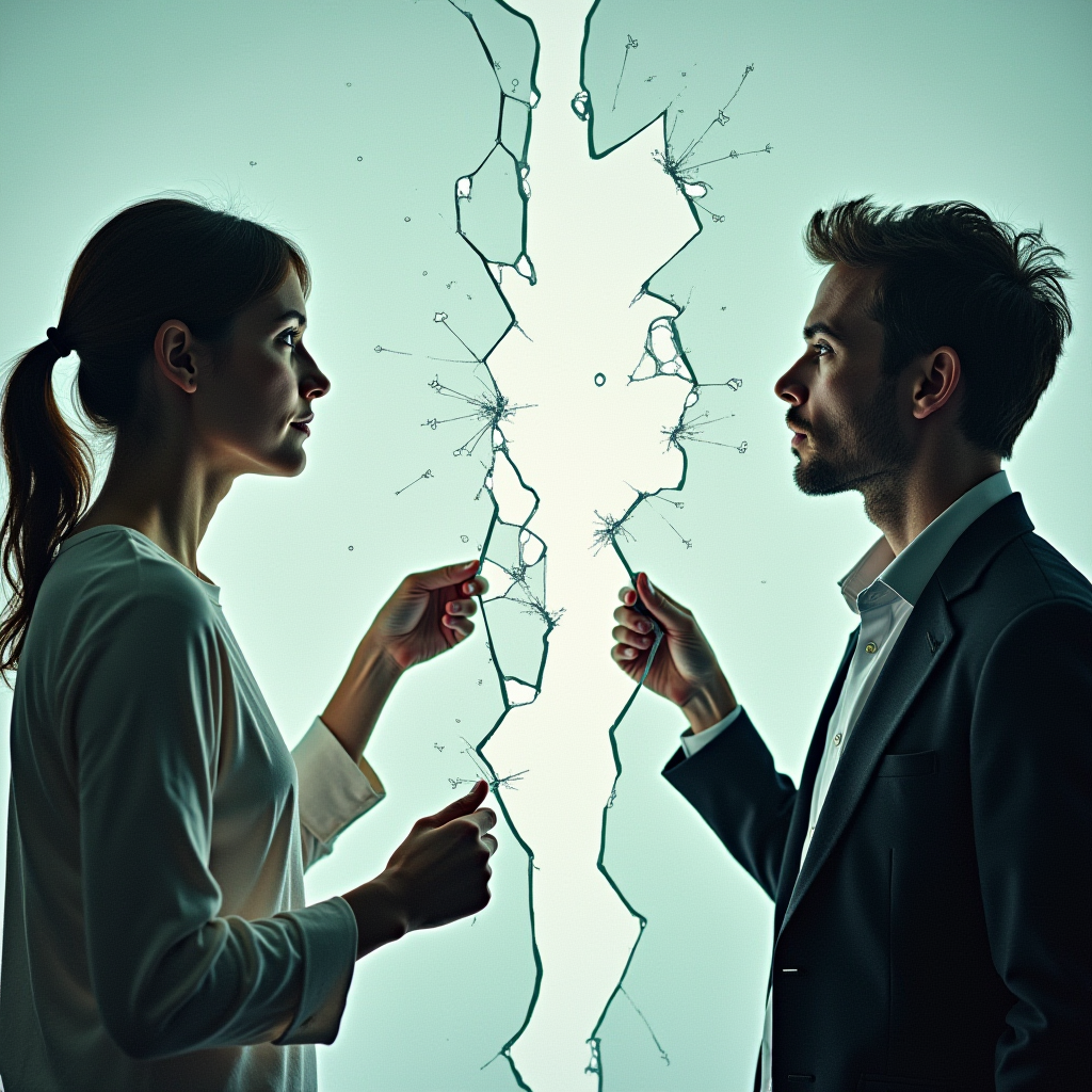 Two individuals on opposite sides of a cracked glass wall, each holding a piece of the glass, illustrating the divide created by toxic behaviors.