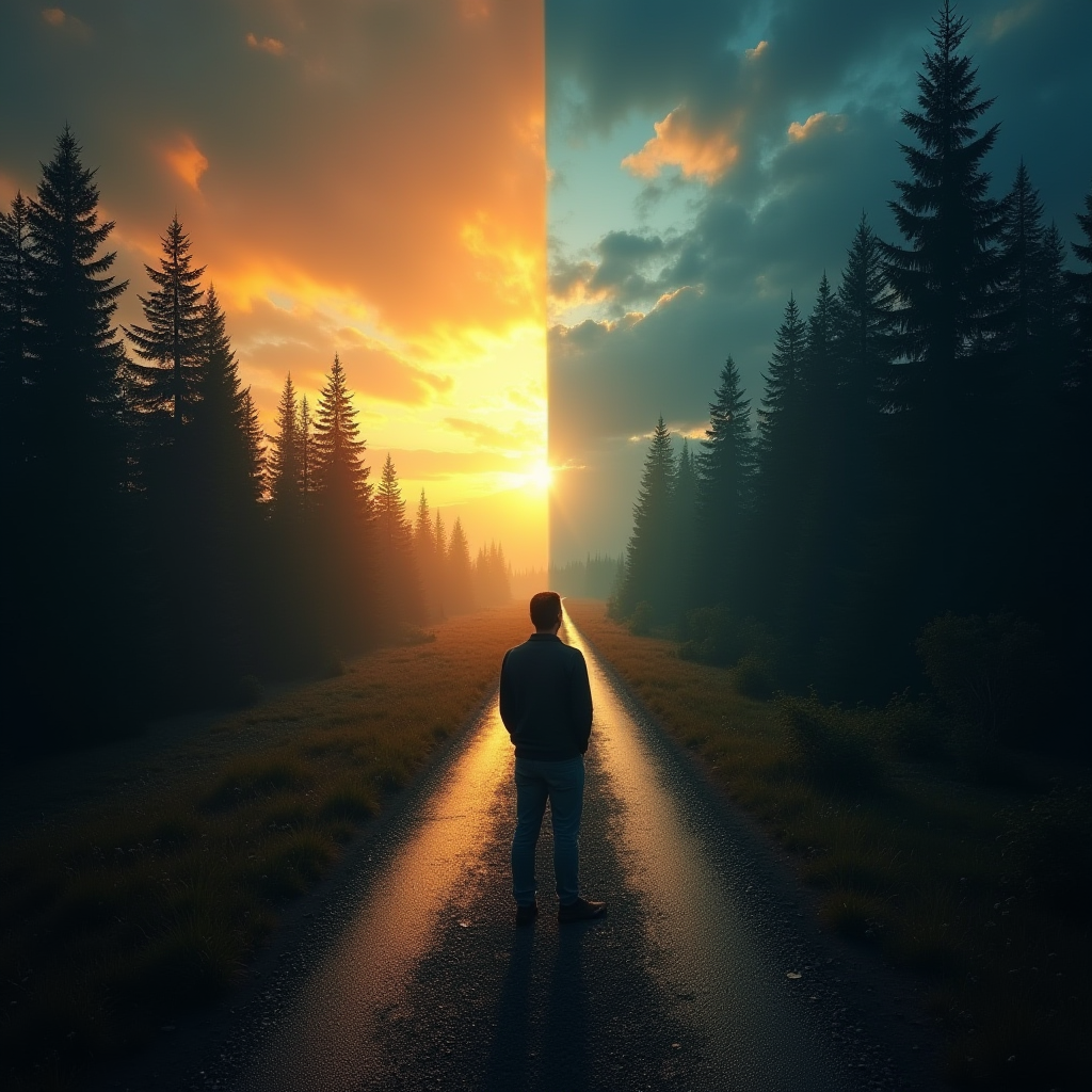 A person standing at a crossroads, with one path leading to a bright horizon and the other to a dark forest, symbolizing the choice between self-growth and remaining in toxicity.