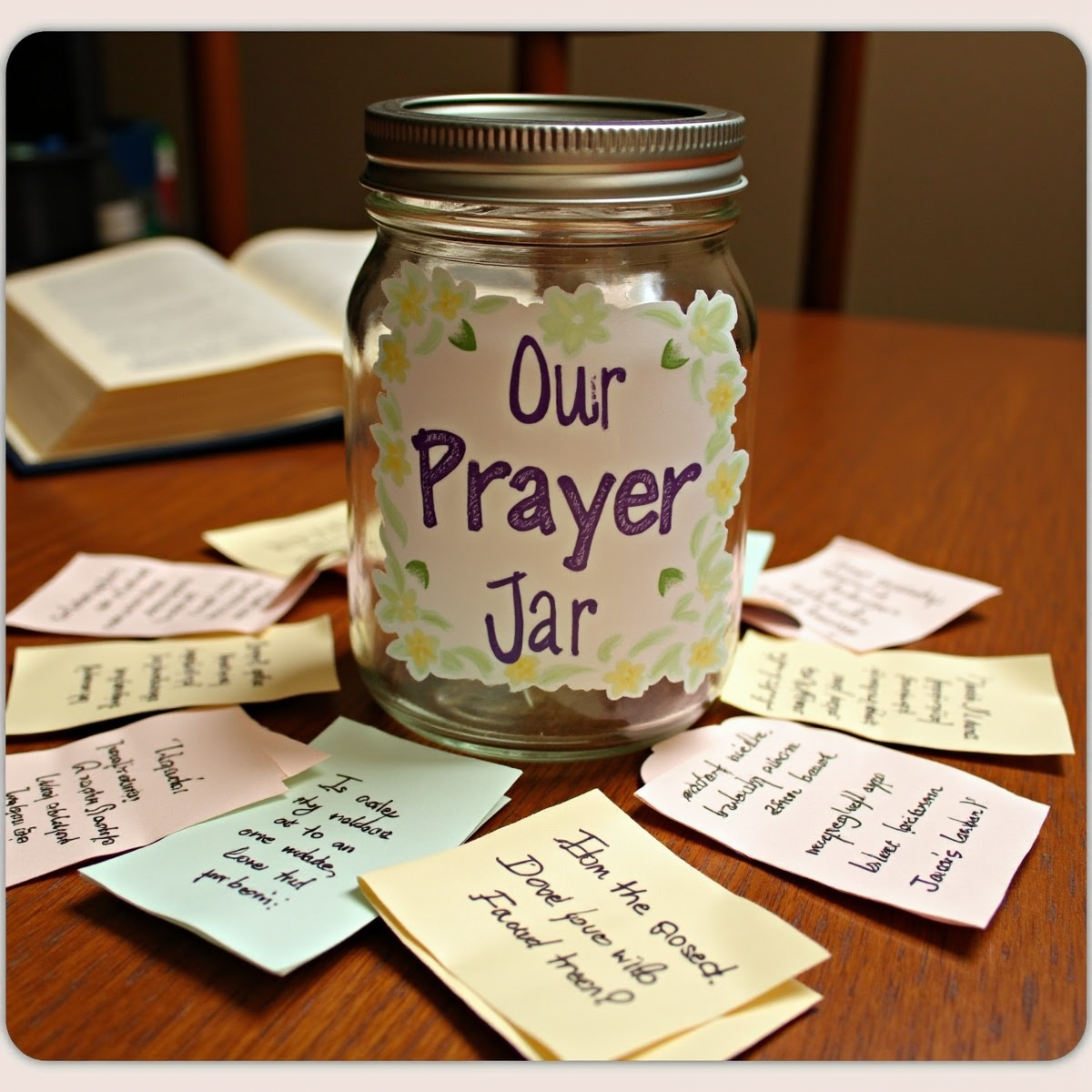 A beautifully decorated mason jar labeled "Our Prayer Jar," surrounded by tiny handwritten notes with prayers, Bible verses, and lighthearted doodles. The jar is set on a wooden table, with soft warm lighting and a Bible in the background.