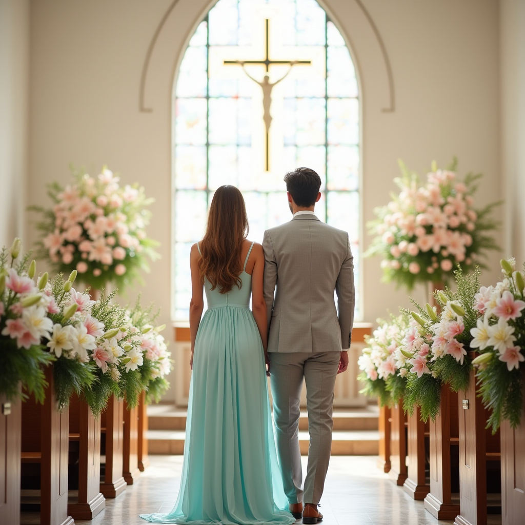 A stunning church interior decorated for Easter with blooming lilies, pastel accents, and a couple in springtime outfits: the woman in a flowing baby blue chiffon dress and the man in a light gray suit.