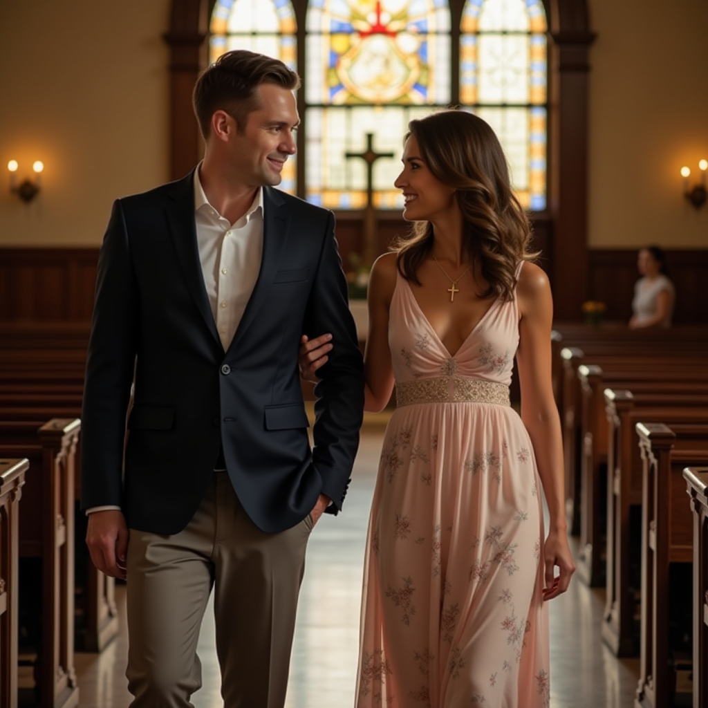 A woman in a soft, flowing pastel midi dress with delicate floral patterns, paired with a dainty cross necklace, standing beside a man in a tailored navy blazer and crisp dress pants. They are walking hand in hand into a warmly lit church with stained-glass windows in the background.