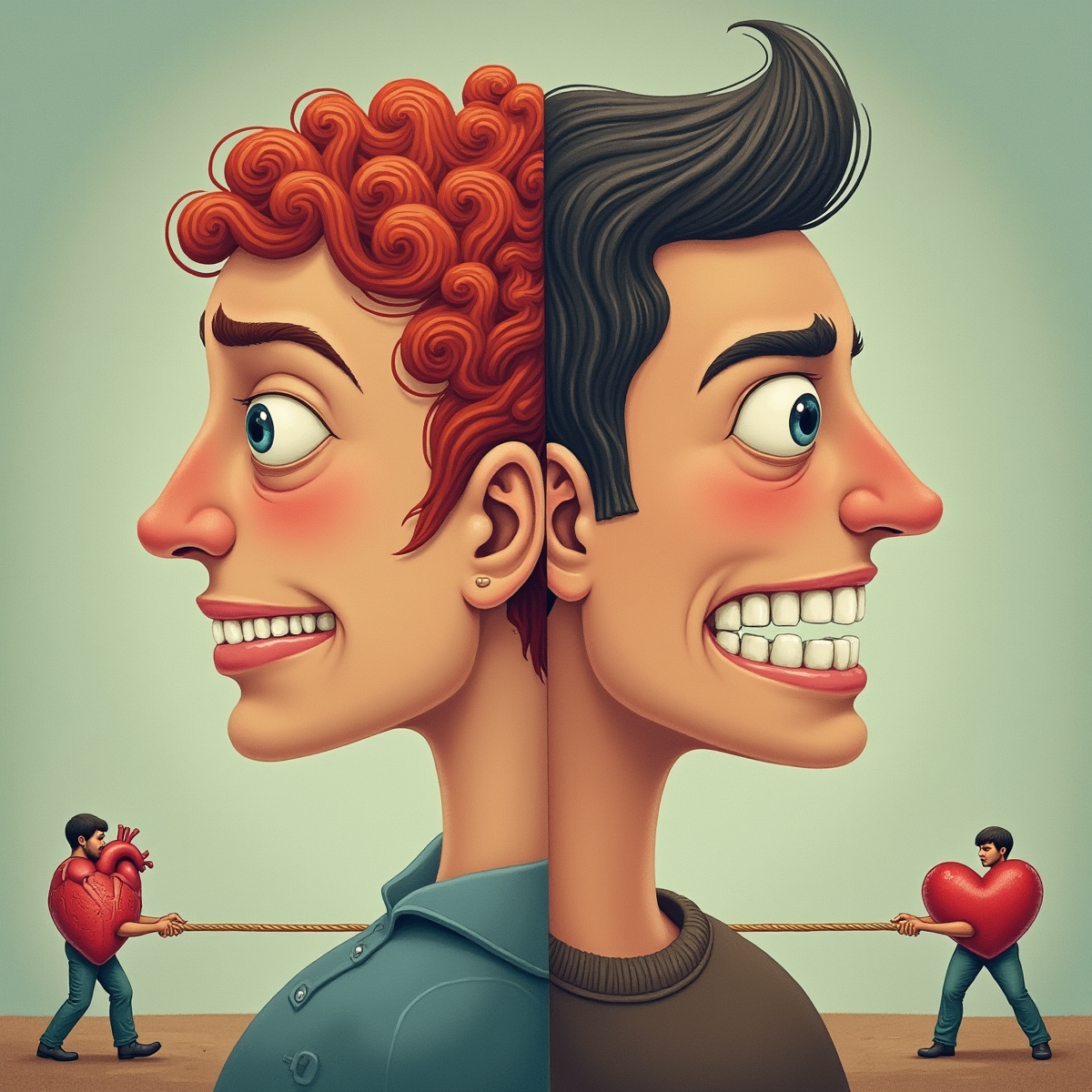 A person standing at a crossroads, their face split into two expressions: one side showing love with soft eyes and a gentle smile, the other showing frustration with furrowed brows and clenched teeth. The background is a tug-of-war between a heart and a brain, symbolizing the internal conflict.