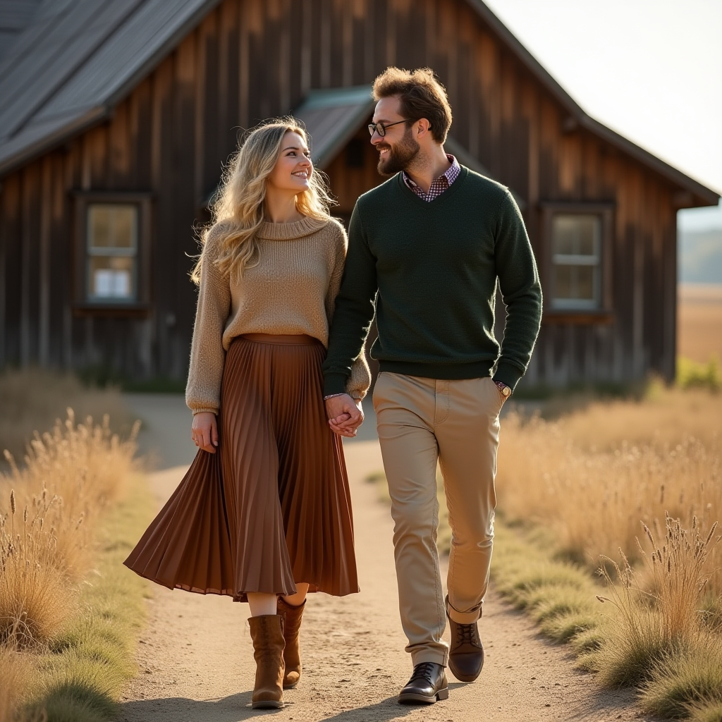 A fall harvest church service: a couple walking together in earthy tones, the woman in a pleated brown midi skirt and suede boots, the man in a dark green sweater and beige slacks, with a rustic wooden church in the background.